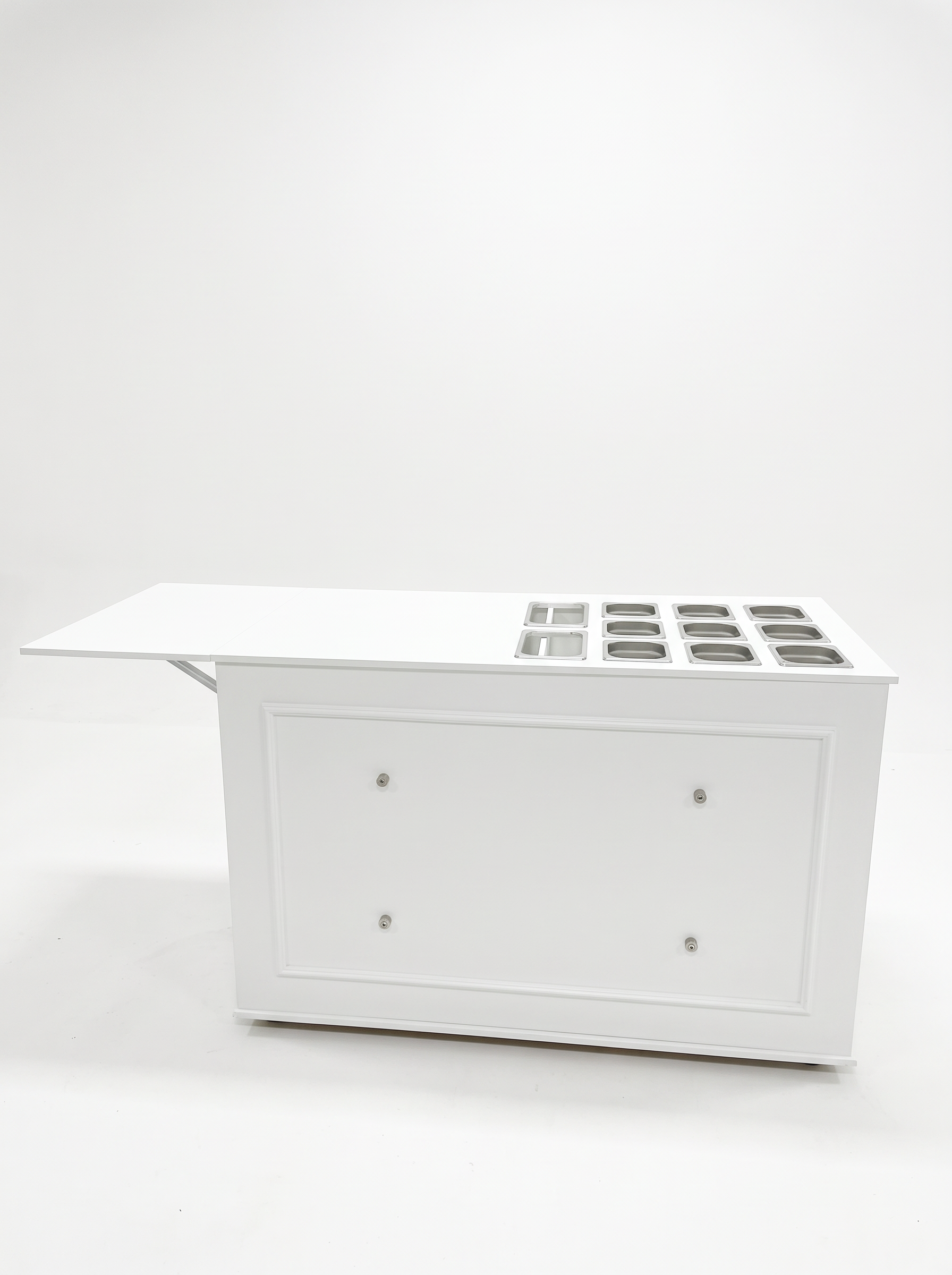 White charcuterie cart with serving countertop