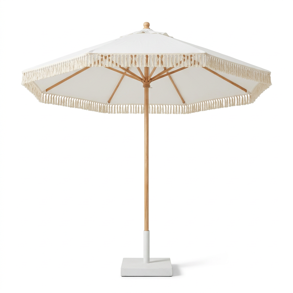 Fringed Event Umbrella with cream canopy and wooden pole