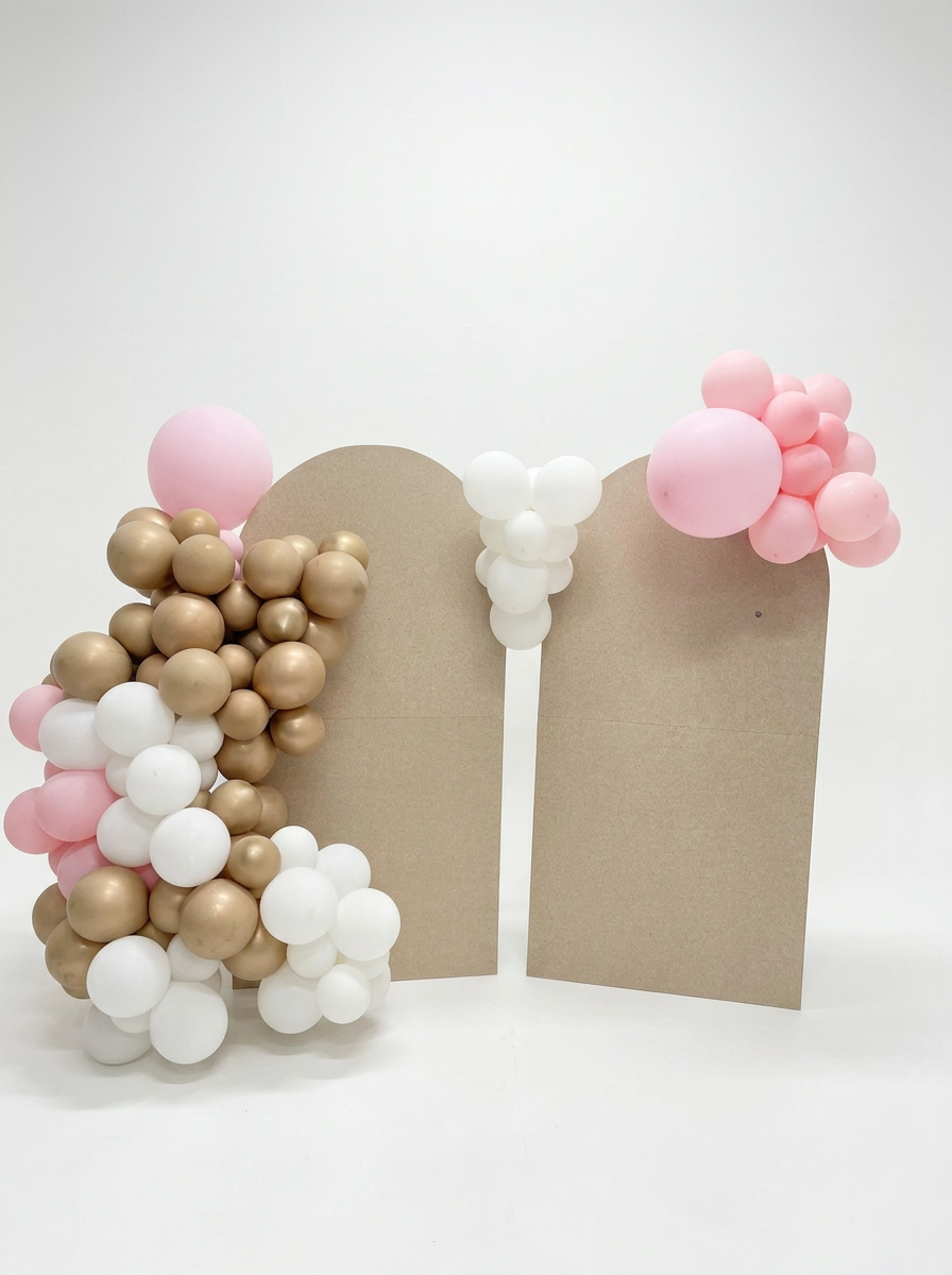 Natural timber arch backdrop pair styled with balloons