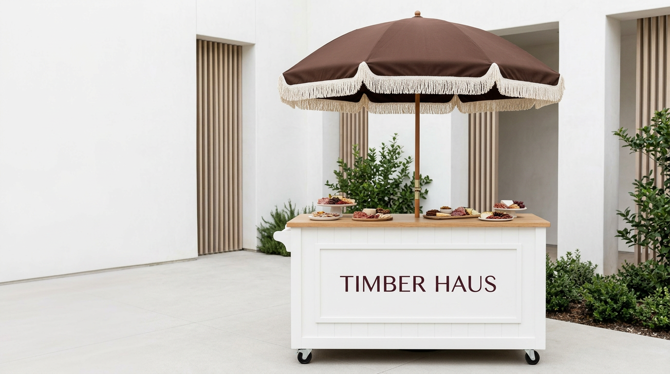 Original TIMBER HAUS charcuterie cart design with a brown fringed umbrella